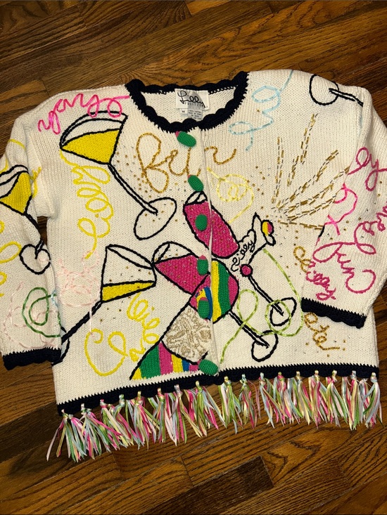 Lilly Pulitzer Sweaters - Lilly Pulitzer White Multicolor Embroidered Fringe Cardigan with Green Buttons